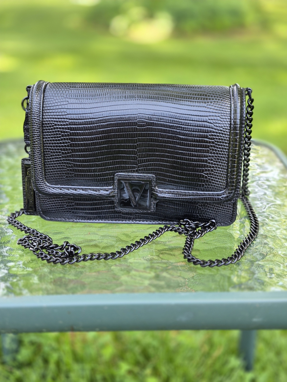 Victoria's Secret Black Croc Embossed Purse with Chain Strap